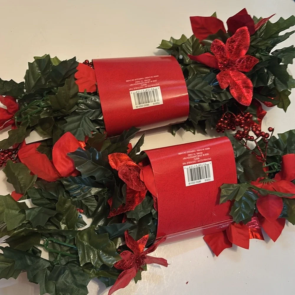 Red and Green Holiday Garland Poinsettia Garland red Berries SET OF 2
